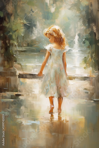 Little girl facing away from the camera standing in water portrait  Generative AI