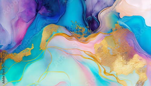 abstract fluid painting with alcohol ink, blue, green, pink and gold colors