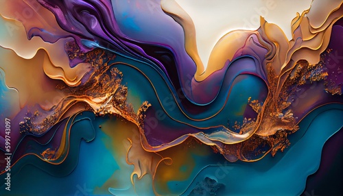 abstract fluid painting with alcohol ink, blue, green, pink and gold colors