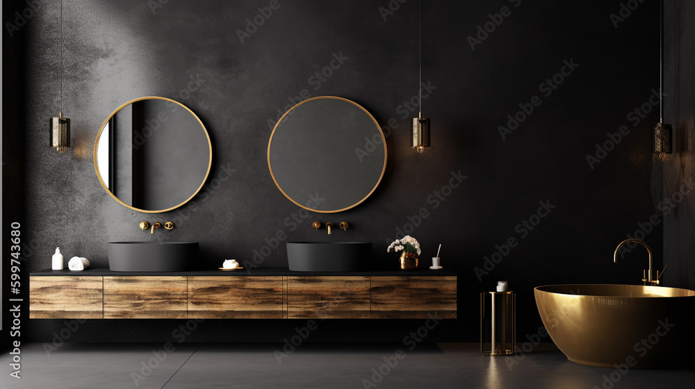 Modern Japandi Inspired Master Bathroom Interior Design with Black Matte Walls, Gold Accessories and Hardware, and Wood Textures - Generative AI