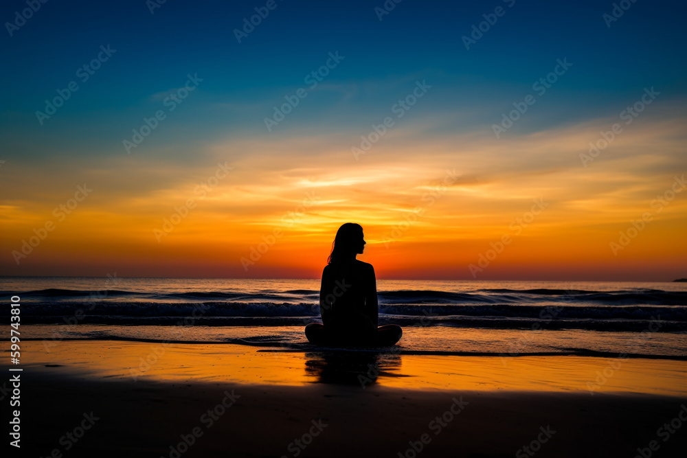 Silhouette Young woman meditating on a beach, Generative AI