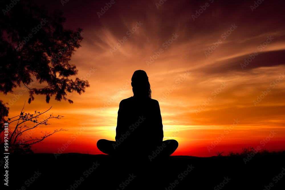 Silhouette of woman in yoga pose at sunset, Generative AI