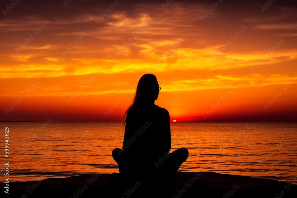 yoga on the beach silhouette Woman meditating in front of a sunset over the sea, Generative AI
