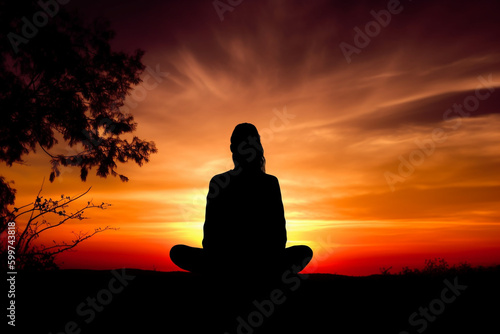 Silhouette of woman in yoga pose at sunset, Generative AI