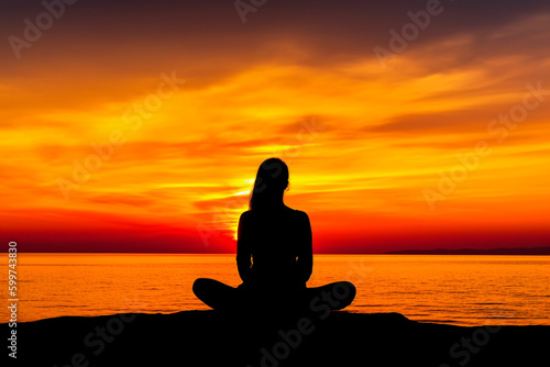 Silhouette Woman meditating in front of a sunset over the sea, Generative AI