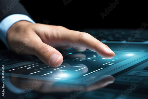 businessman hand pushing new technology button on modern computer.