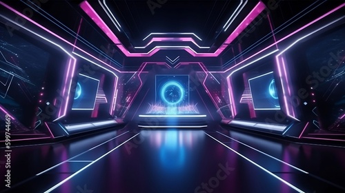 A dark room with neon lights background for e-sport stage. Created with Generative AI tools. 