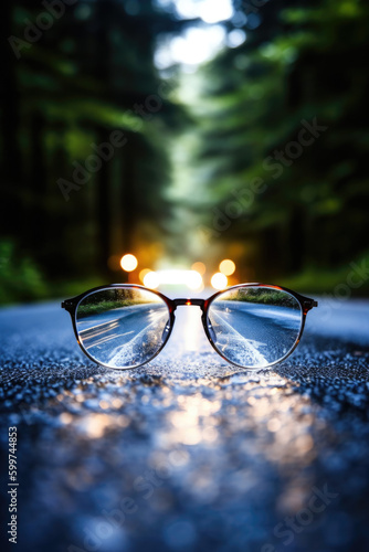 A clear light source on the road behind the glasses on the ground.