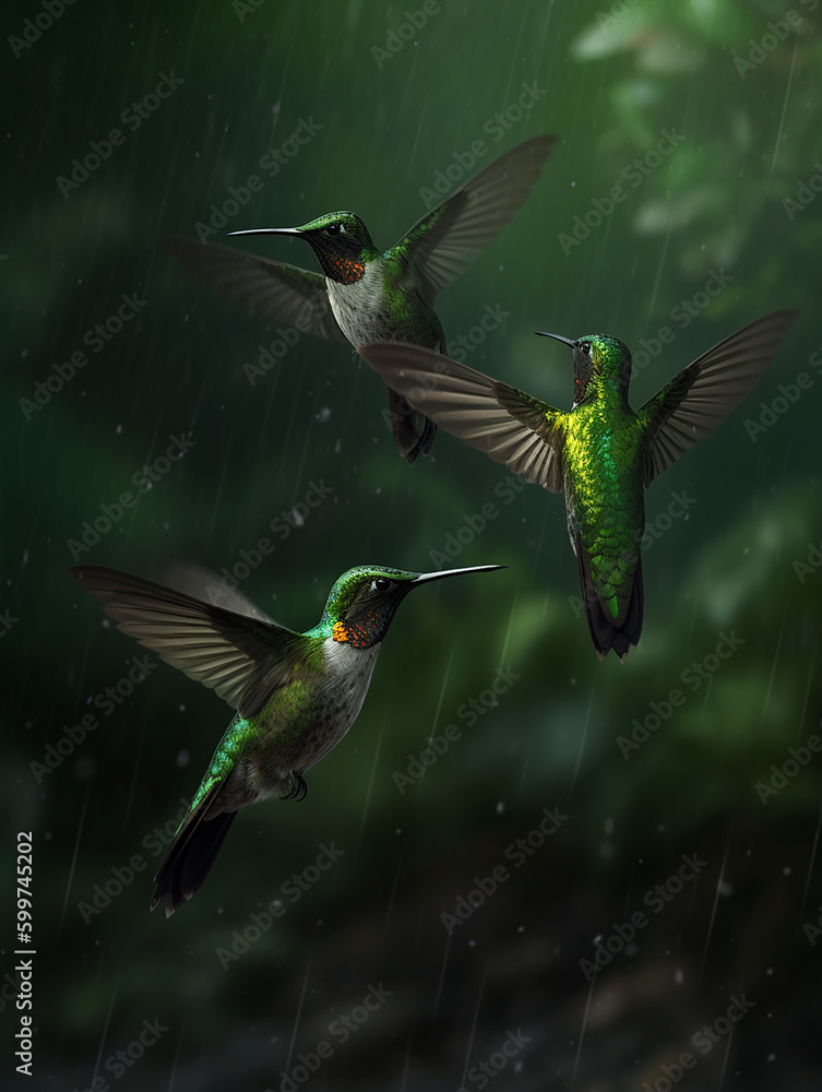 Fototapeta premium three hummingbirds flying, Generate Ai