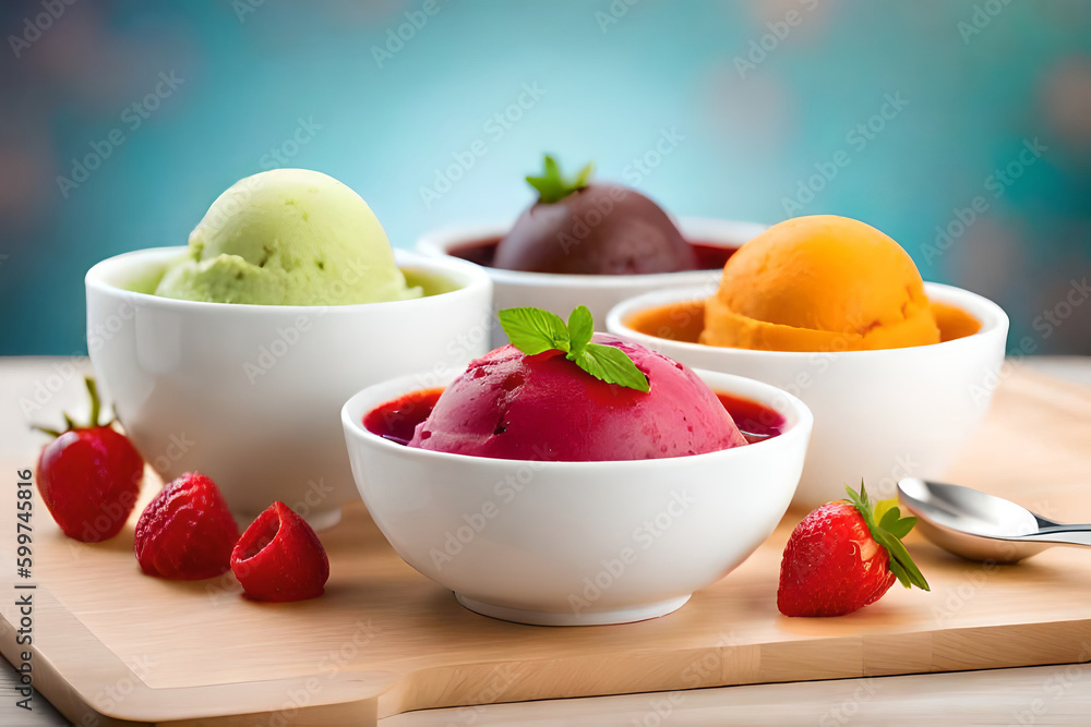 Set of bowls with various colorful Ice Cream scoops with different flavors dressing with fresh ingredients Set of bowls with various colorful Ice Cream scoops with different flavors dressing with fresh ingredients
