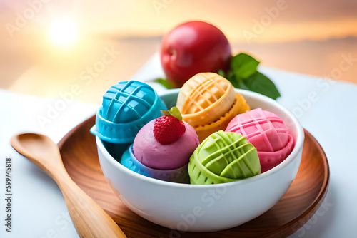 Set of bowls with various colorful Ice Cream scoops with different flavors dressing with fresh ingredients