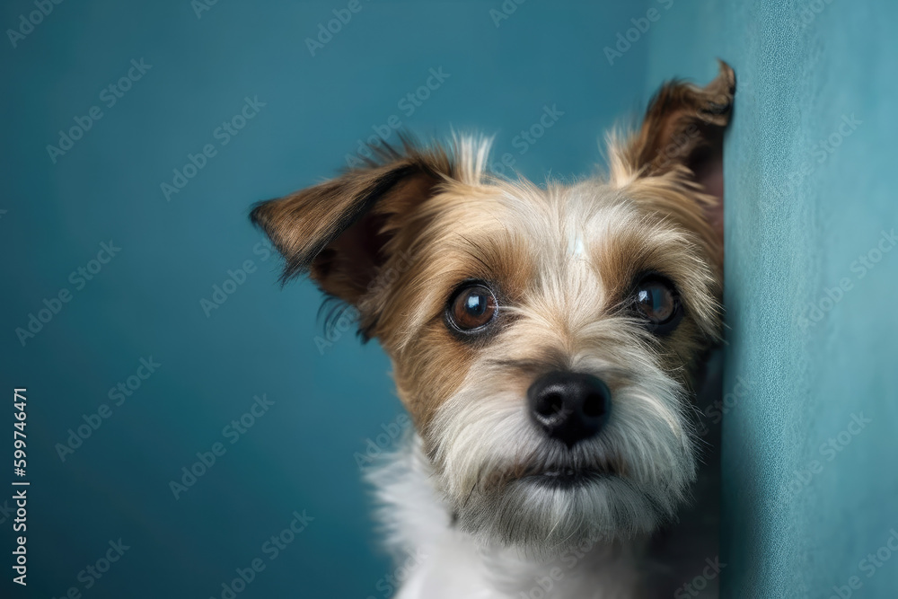 Dog sad peeks cautiously around the corner of a blue background Dog sad peeks cautiously around the corner of a blue background