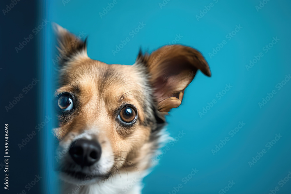 Dog sad peeks cautiously around the corner of a blue background Dog sad peeks cautiously around the corner of a blue background