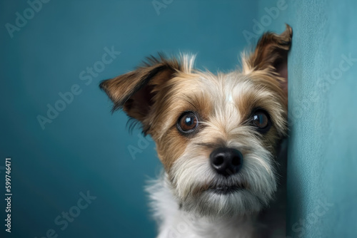 Dog sad peeks cautiously around the corner of a blue background 