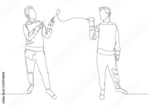 One continuous line of Male pointing with finger at another man. Thin Line Illustration vector concept. Contour Drawing Creative ideas.