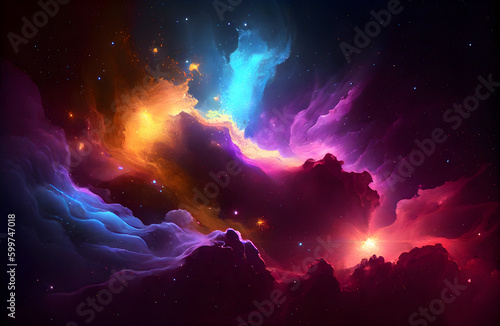 Abstract background with bright glowing nebula and stars. AI Generative