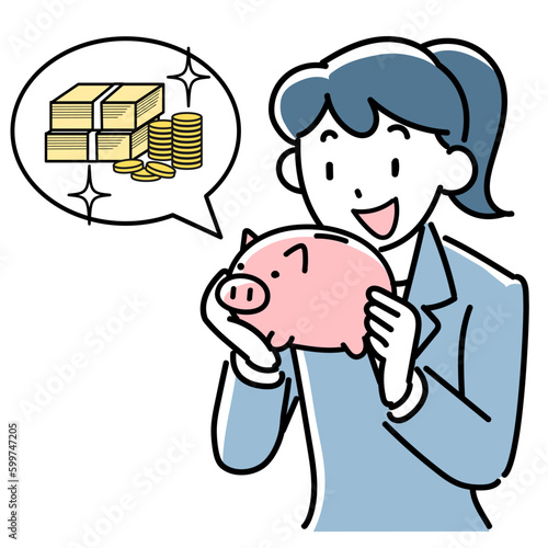 貯金が増えて喜ぶビジネスウーマンの上半身