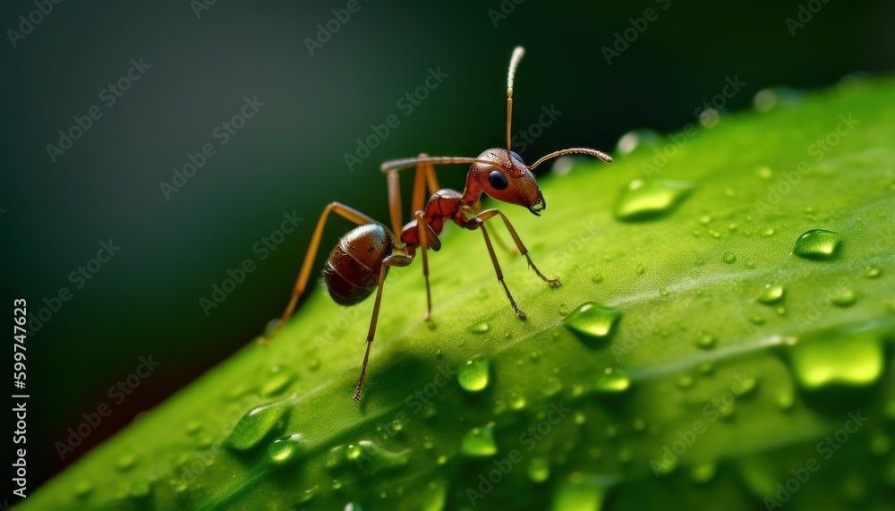 Macro shot of an ant on a green leaf with water droplets on it. Close-up, single ant, Generative AI Macro shot of an ant on a green leaf with water droplets on it. Close-up, single ant, Generative AI