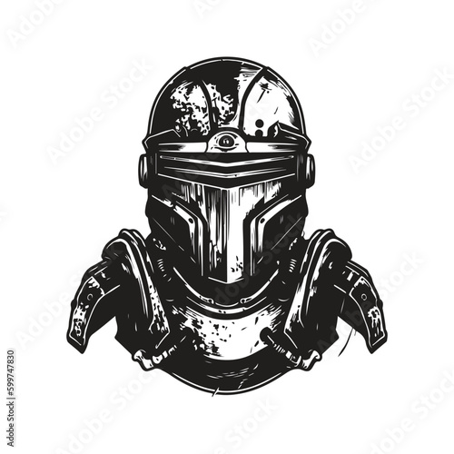 sci fi army wearing helmet, vintage logo line art concept black and white color, hand drawn illustration photo