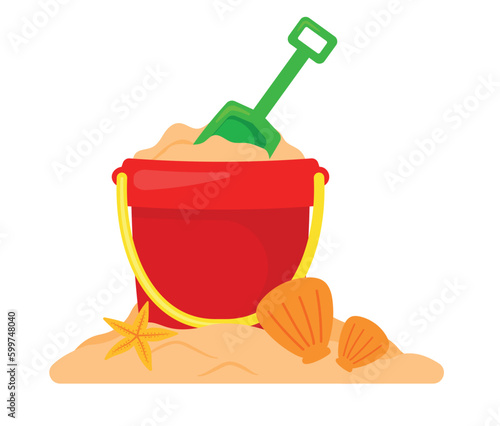 Sand bucket with clam and starfish icon vector illustration for summer kid toys and game
