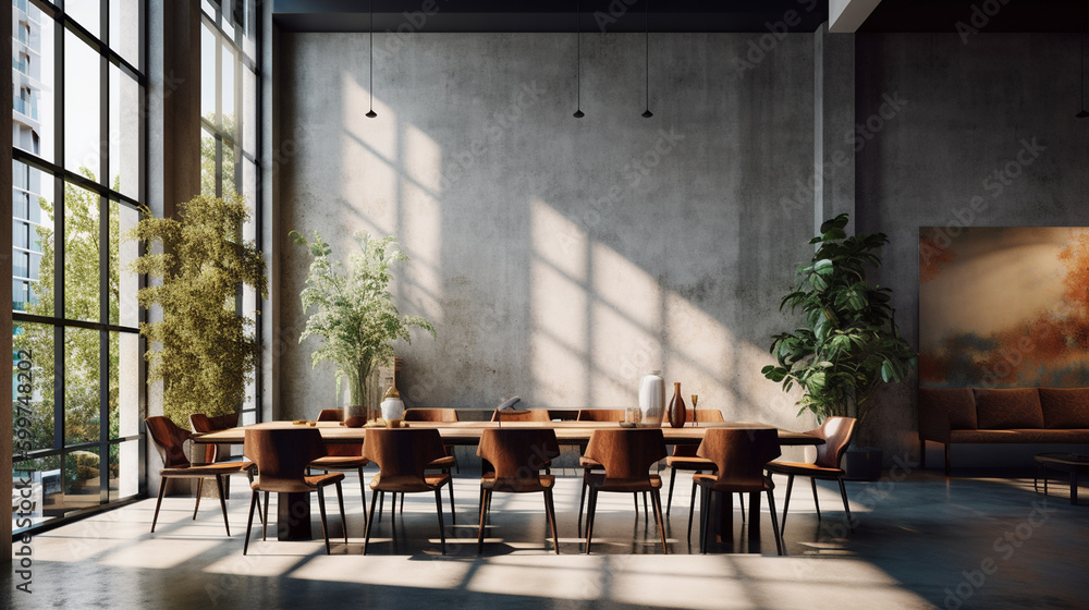 Industrial Loft Interior Design of a Modern Dining Room with Extensive Seating, Concrete Walls, a Large Dining Room Table and Elegant Accessories - Generative AI
