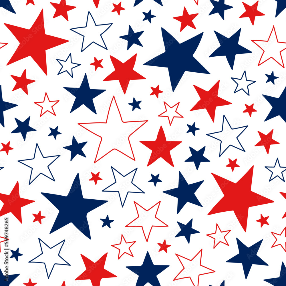 Seamless pattern with red, white and blue stars on a transparent