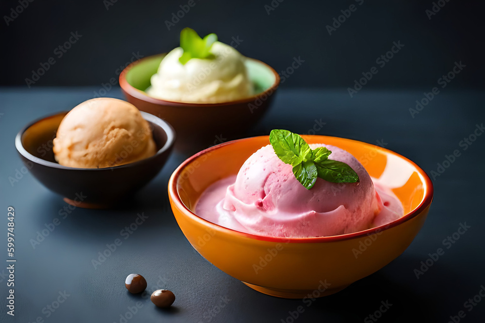 Set of bowls with various colorful Ice Cream scoops with different flavors dressing with fresh ingredients Set of bowls with various colorful Ice Cream scoops with different flavors dressing with fresh ingredients