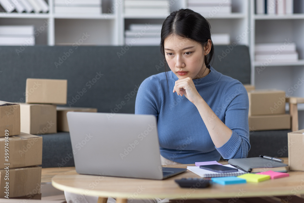 Asian business woman on sofa using a laptop computer checking customer order online shipping boxes at home. Starting SME Small business entrepreneur freelance. Online business, SME Work home concept.
Asian business woman on sofa using a laptop computer checking customer order online shipping boxes at home. Starting SME Small business entrepreneur freelance. Online business, SME Work home concept.
