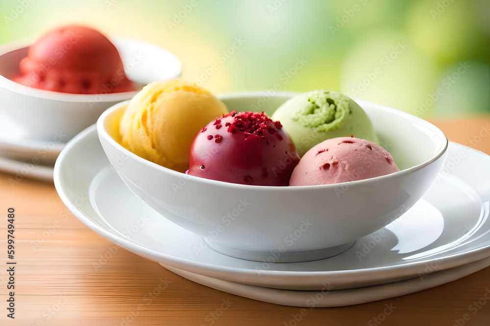 Set of bowls with various colorful Ice Cream scoops with different flavors dressing with fresh ingredients Set of bowls with various colorful Ice Cream scoops with different flavors dressing with fresh ingredients