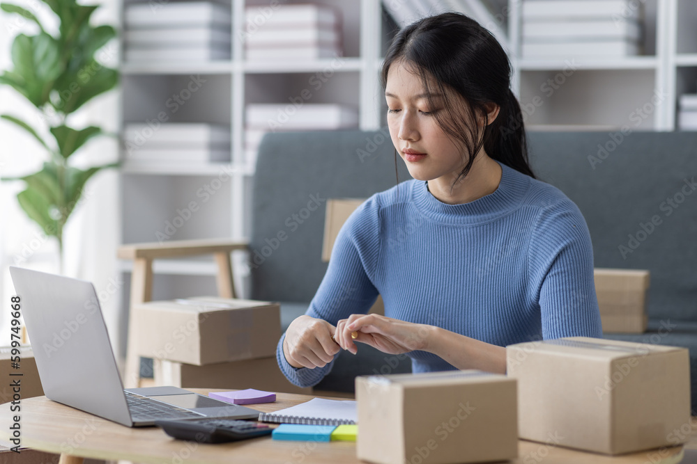Asian business woman on sofa using a laptop computer checking customer order online shipping boxes at home. Starting SME Small business entrepreneur freelance. Online business, SME Work home concept.
Asian business woman on sofa using a laptop computer checking customer order online shipping boxes at home. Starting SME Small business entrepreneur freelance. Online business, SME Work home concept.