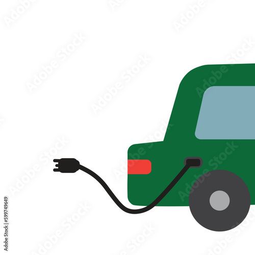 Illustration clipart of a green electric car vehicle with a charge plug in and cable. Isolated on white background with copy space.