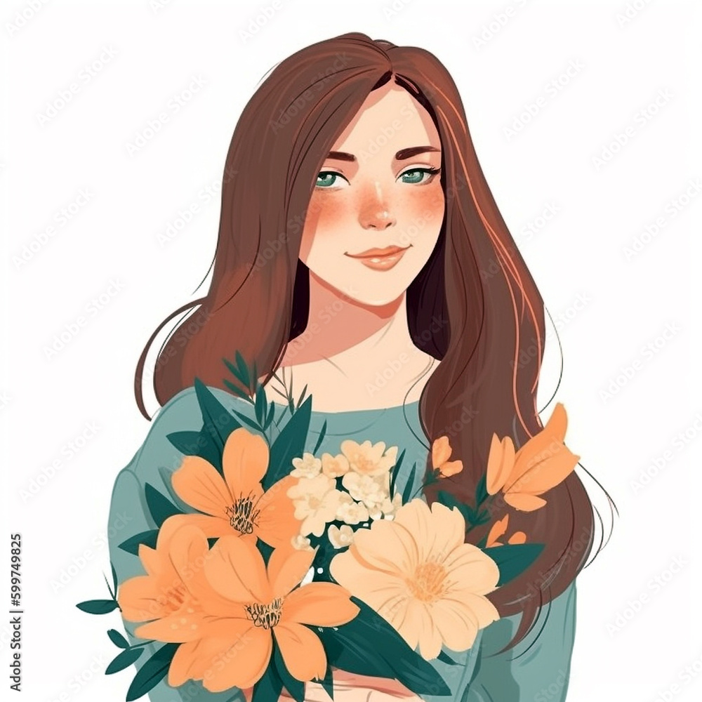 Young happy woman holding flowers, generative ai illustration. Young happy woman holding flowers, generative ai illustration.