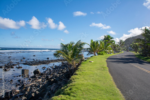 Driving Coastline road, ocean and blue sky, American Samoa