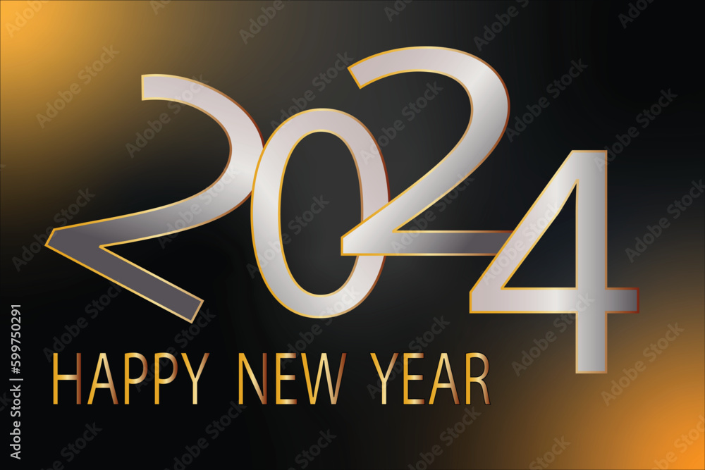 A Happy New Year 2024 congrats. Shiny dark and yellow backdrop. Abstract isolated graphic design template. A Happy New Year 2024 congrats. Shiny dark and yellow backdrop. Abstract isolated graphic design template.