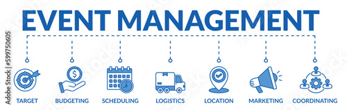 Banner of event management web vector illustration concept with icons of target, budgeting, scheduling, logistics, location, coordinating