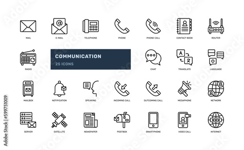 communication and telecommunication connection network contact phone detailed outline line icon set