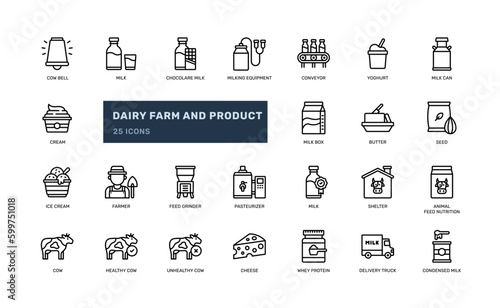 Dairy Farm Agriculture and Dairy Product from Cow livestock detailed outline line icon set
