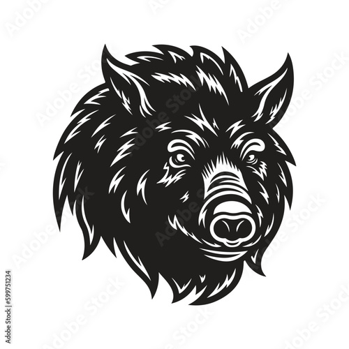 boar monster  vintage logo line art concept black and white color  hand drawn illustration