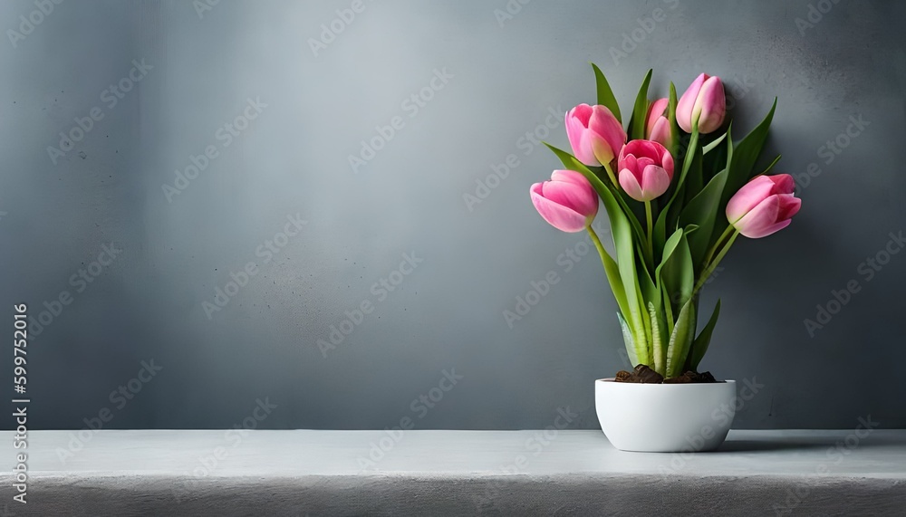 Fresh pink tulip flowers in pot isolated in front of gray concrete wall Fresh pink tulip flowers in pot isolated in front of gray concrete wall