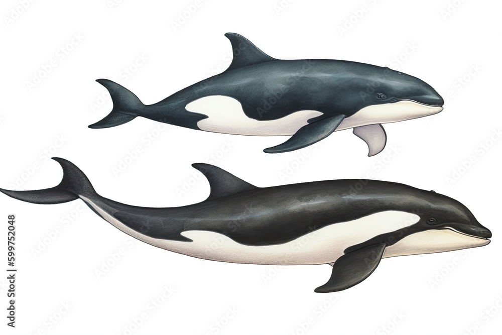 Obraz premium two orca whales in black and white on a white background Generative AI