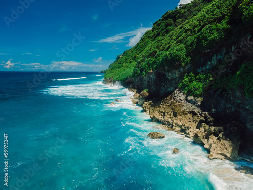 Tropical landscape with coastline and ocean in Bali. Aerial view