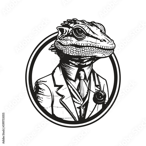 lizard physician, vintage logo line art concept black and white color, hand drawn illustration