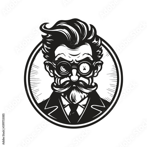 mad scientist, vintage logo line art concept black and white color, hand drawn illustration