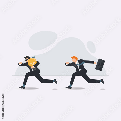 Vector businessman running after another businessman holding big bulb. Ideas theft concept illustration