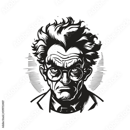 mad scientist, vintage logo line art concept black and white color, hand drawn illustration