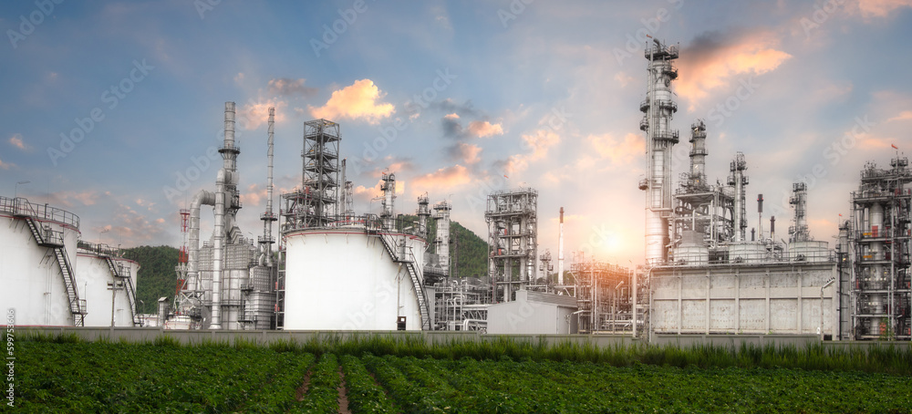 Obraz premium Pipeline and pipe rack of petroleum industrial plant with sunset sky background