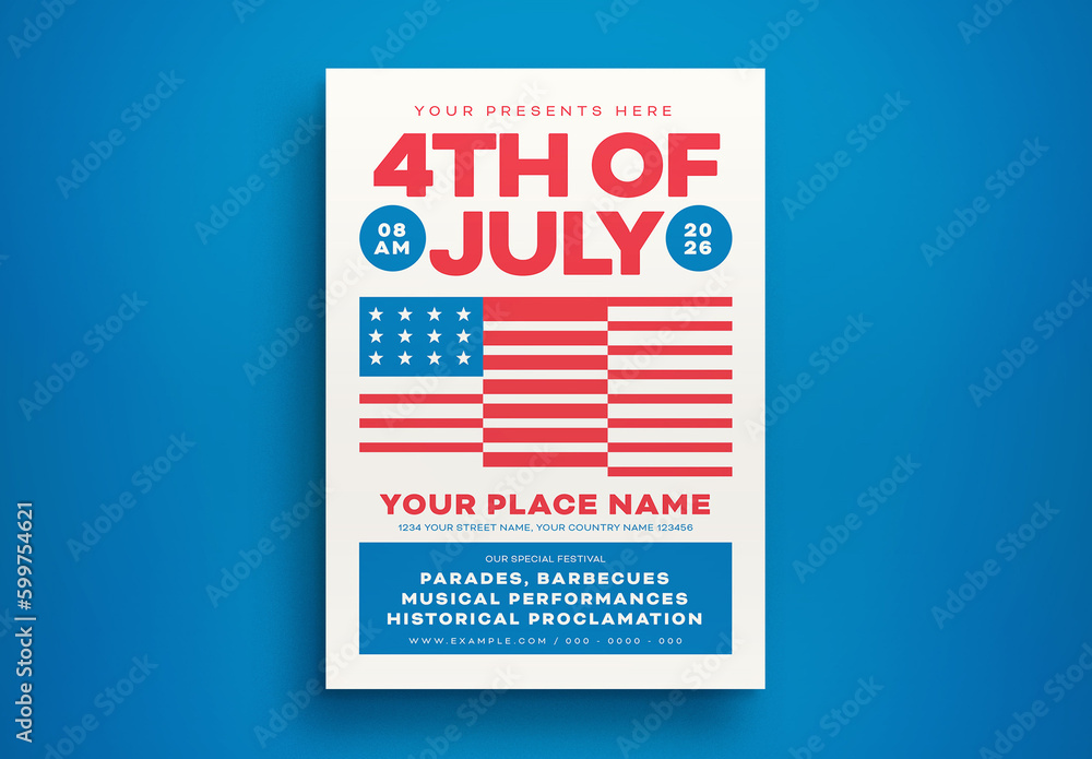 Blue Flat Design 4th Of July Flyer Layout Stock Template | Adobe Stock