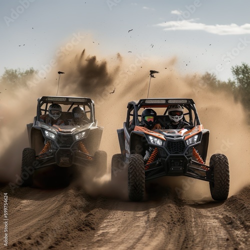 Two Side By Sides Racing aggressively through the sand 