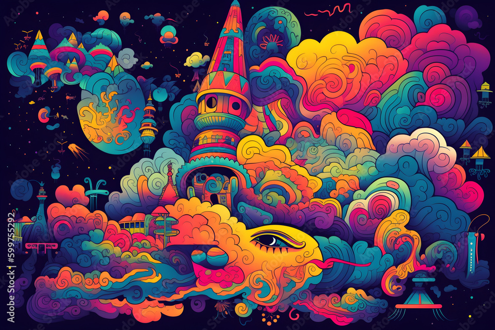 an image of a colorful dream that captures the surreal and psychedelic effects of LSD and DMT. 