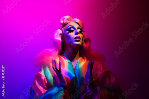 fictional drag queen on a vibrantly colored background. performance art concept. 
